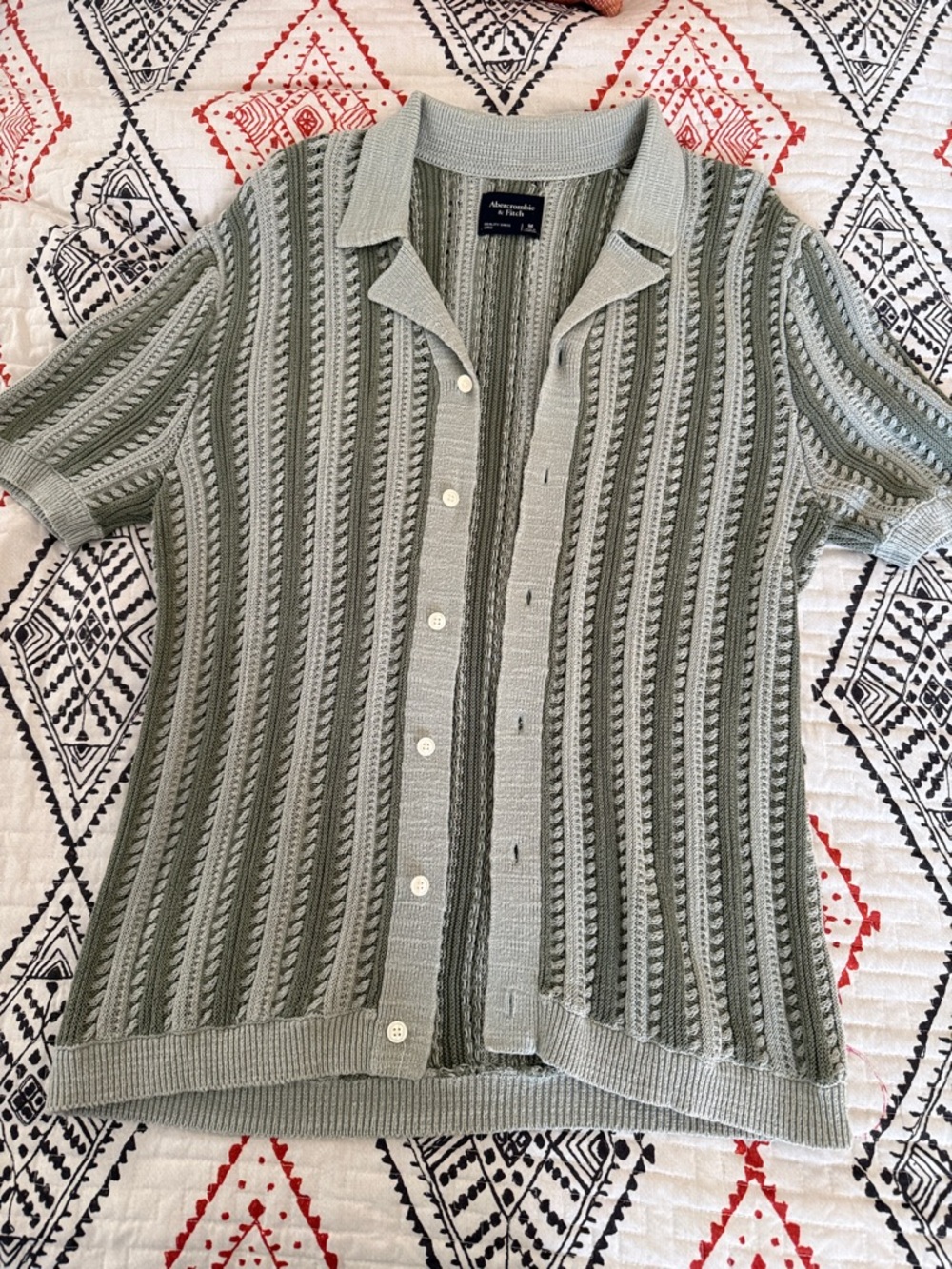 Abercrombie & Fitch Light Sage Striped Knit Button-Up Polo